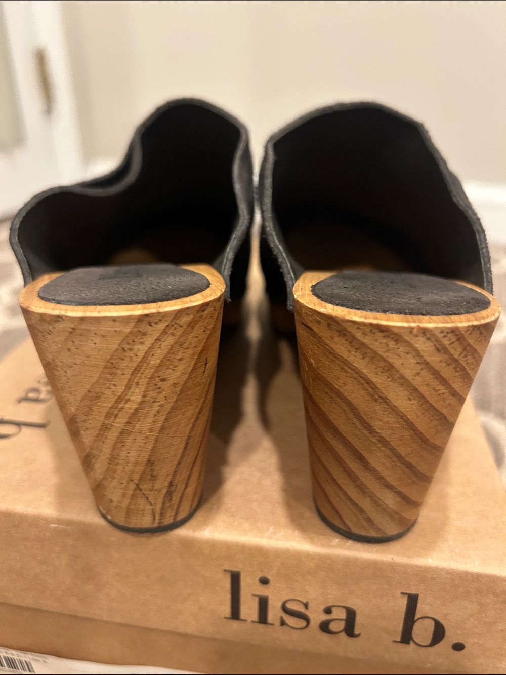 Women's Black Suede Clog Mules with Wood Heel - Picture 6 of 6